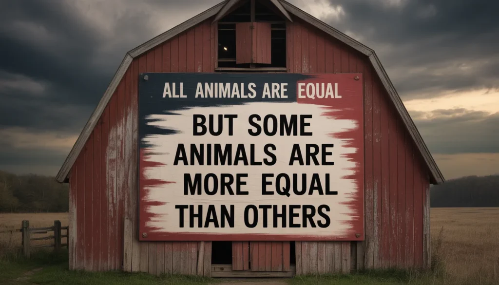 A weathered red barn at dusk with a painted sign reading "ALL ANIMALS ARE EQUAL" being slowly painted over with new text "BUT SOME ANIMALS ARE MORE EQUAL THAN OTHERS". Atmospheric lighting, dramatic storm clouds, moody cinematography. Vintage 1940s rural England aesthetic, painterly style like Edward Hopper, political literature book cover aesthetic. Rich textures, melancholic mood, golden hour lighting mixed with ominous shadows.
