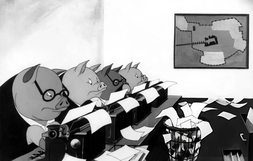 Szenenbild mit Schweinen aus demFilm `Farm der Tiere' (Animal Farm)nach George Orwell 1955 (Photo by ullstein bild/ullstein bild via Getty Images)