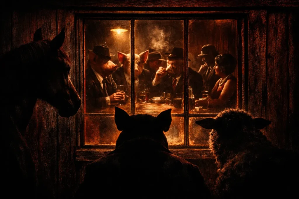 Farm animal silhouettes (a horse, pig, and sheep) looking through a window into a dimly lit room where pigs dressed as humans and actual humans sit together at a table, completely indistinguishable from each other. Use a dark, moody color palette with deep burgundy reds, blacks, and warm golden lighting coming from the window. Include barn wood texture in the composition. Style should be film noir with high contrast, serious and ominous mood, professional book cover quality.