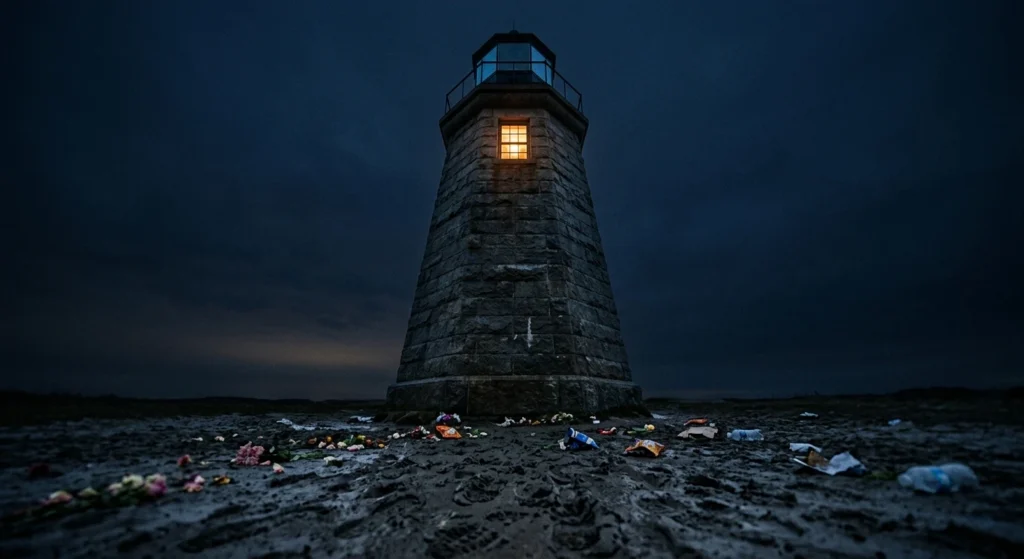 Brave New World summary — an isolated stone lighthouse at night with a single lit window and disturbed ground below, representing John's final retreat