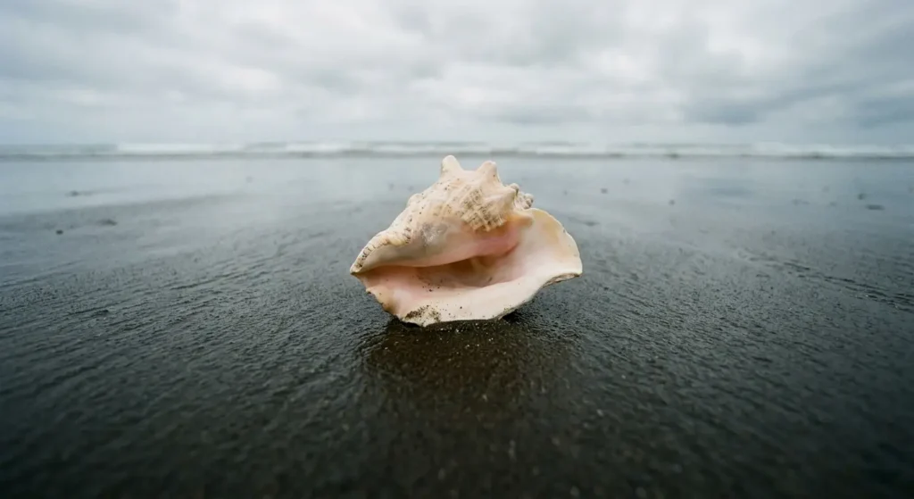 A single conch shell resting alone on wet dark sand before a grey ocean — representing democratic order and its fragility in Lord of the Flies