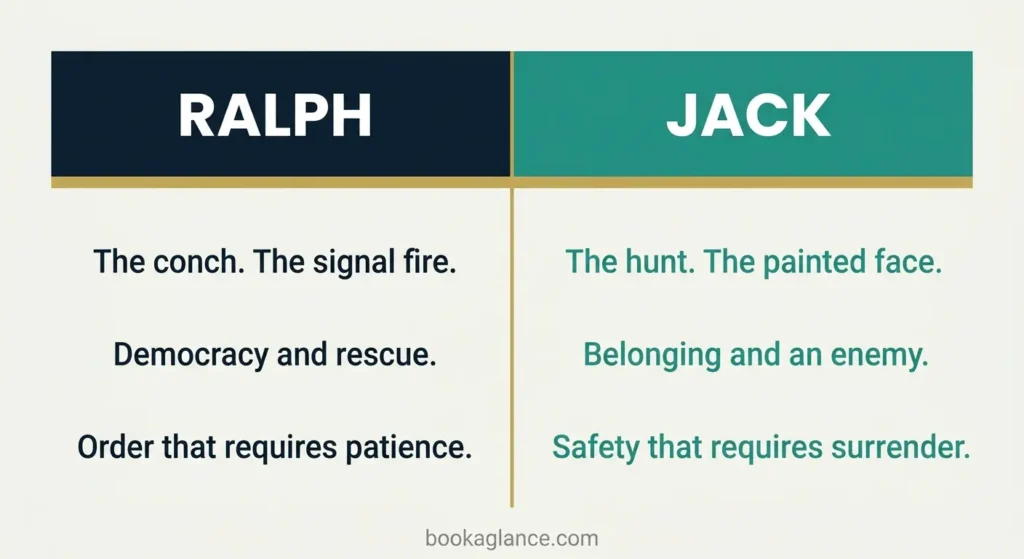 Flat design two-column diagram comparing Ralph and Jack from Lord of the Flies — democracy vs tribalism, the conch vs the hunt