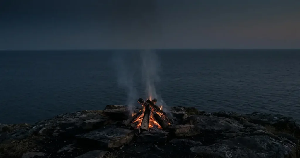 A glowing signal fire on a rocky hilltop overlooking a vast dark ocean at dusk — representing the Tongan castaways' counter-argument to Lord of the Flies