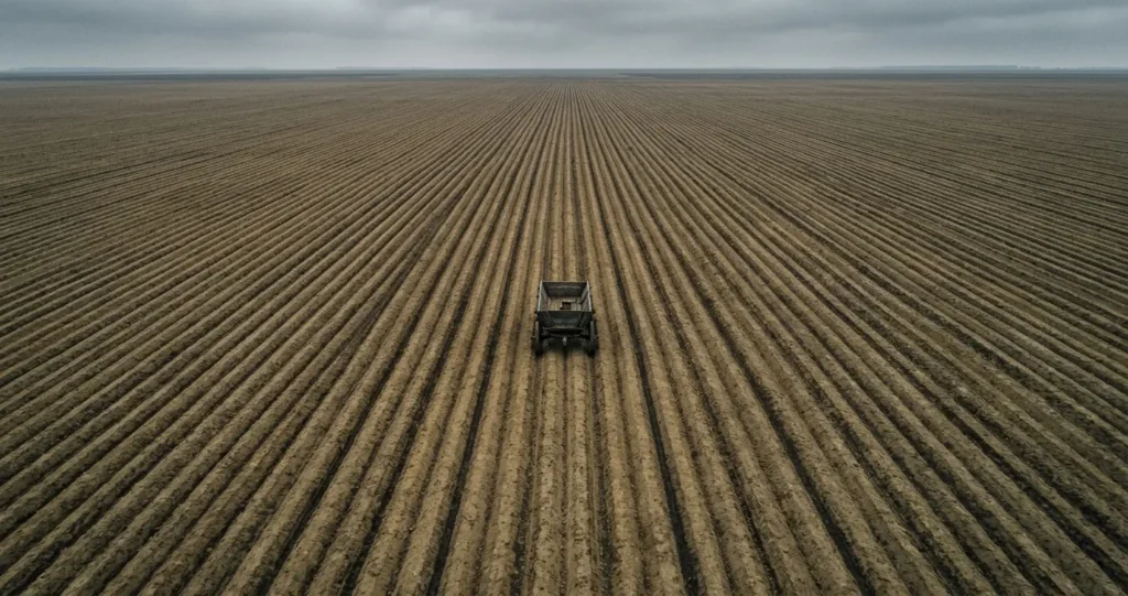 Aerial view of a vast ploughed field stretching to the horizon, a single empty wooden cart at its centre — illustrating Harari's agricultural trap argument in Sapiens