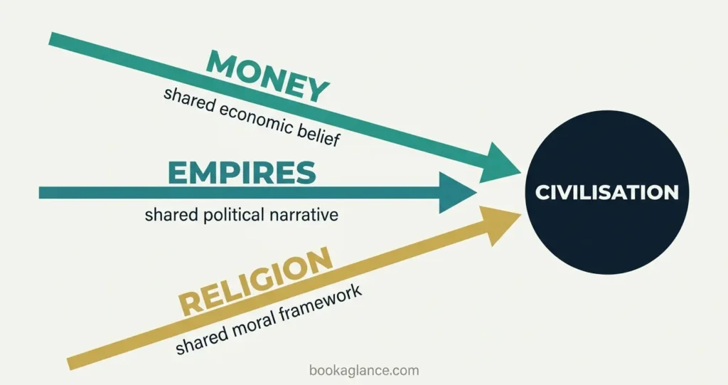 Flat design converging arrows diagram showing Harari's three imagined orders — money, empires, and religion — converging into civilisation, from Sapiens summary
