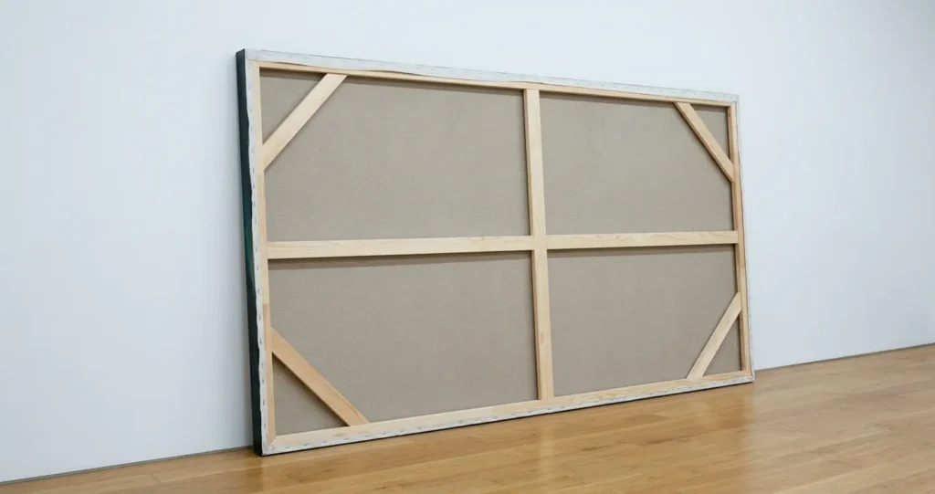 The back of a large canvas resting against a white wall, with only a sliver of the painted surface visible — representing Alicia's silence and the withheld meaning at the heart of The Silent Patient