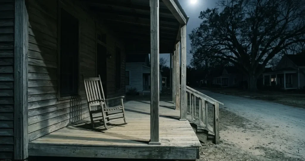 A moonlit Southern porch with an empty wooden chair facing the street — representing Boo Radley's decades of watchful solitude in To Kill a Mockingbird