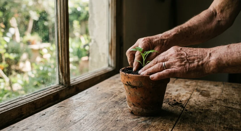 Ikigai summary — elderly hands tending a small plant representing the Japanese concept of finding purpose in small daily acts